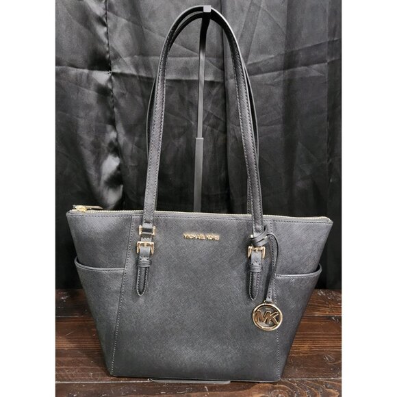 Michael Kors Charlotte Large Saffiano Black Leather Top-Zip Tote Bag/Excellent U - Picture 1 of 6